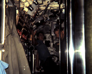 Odax conning tower; Unknown at helm and Joe Sabadish 1970