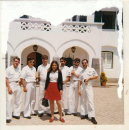 Earl Wright, Jim Cascone, Frank Reifschneider, Mike Warren, Mike Hudson, Wayne Hyman with tour guide at Lisbon, Portugal 1970